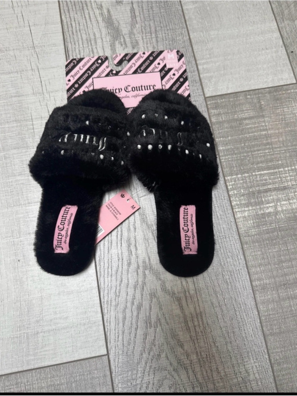 Juicy Couture Black Faux Fur Stud Slide Slippers for Kids